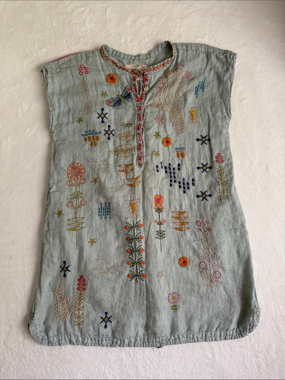 Johnny Was Elektra Light Teal Linen Embroidered Mini Dress - Picture 5 of 10